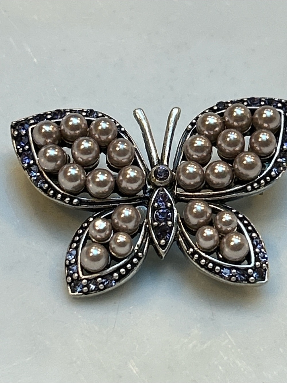 Vintage Silver Butterfly Brooch with Pearl Accents and Purple crystal Stones